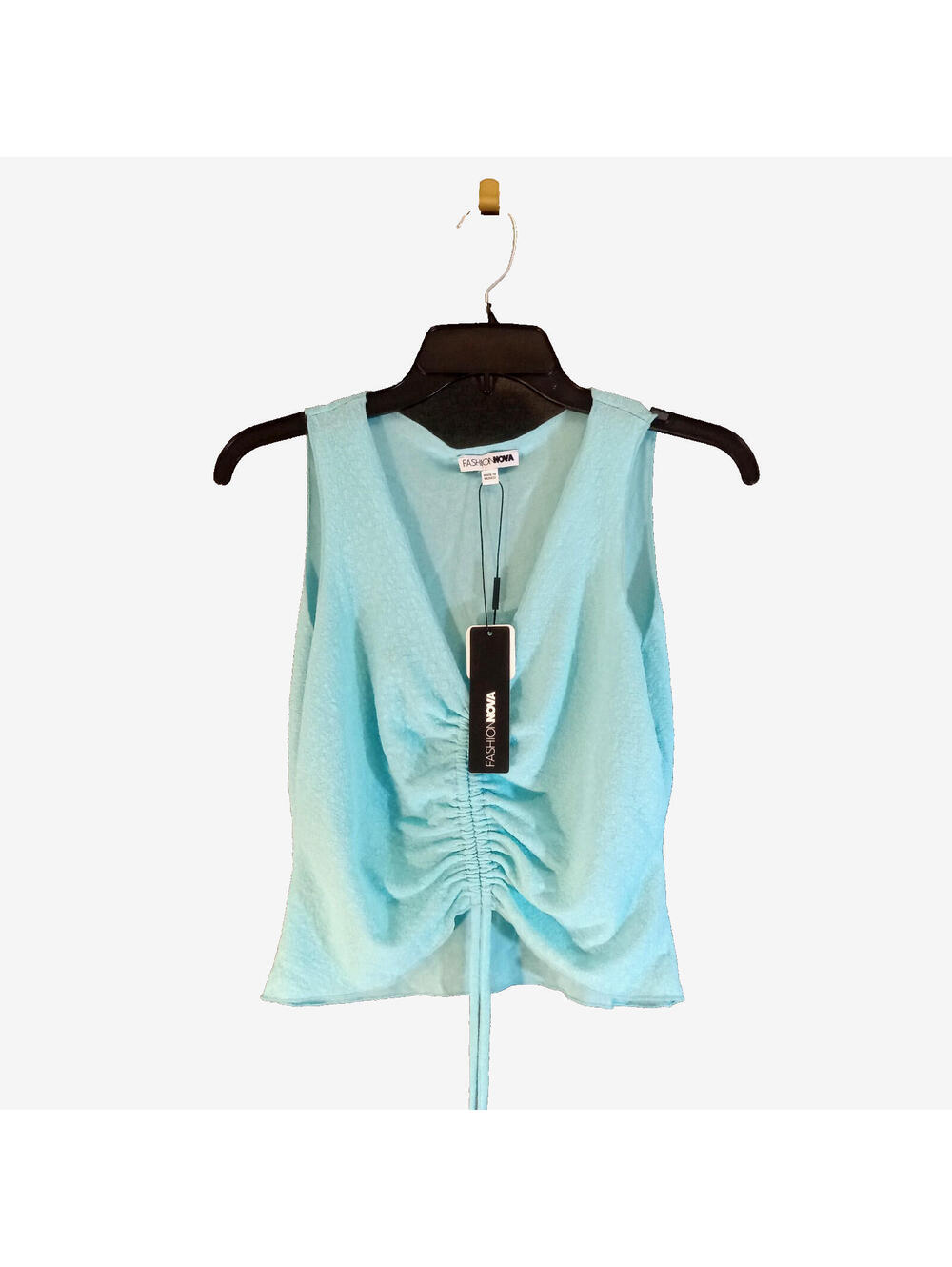 Fashion Nova Ruched Tank Top Women's Large Aqua Blue Crop Plunging V Neck